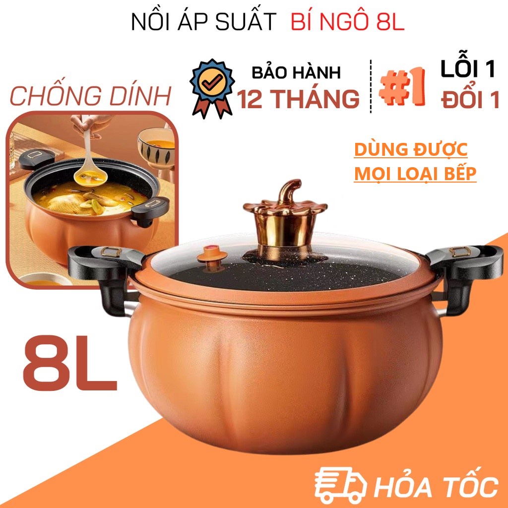 Nồi Áp Suất Bí Ngô Chống Dính 8L Thông Minh - Nồi Hầm 4in1 TIỆN LỢI Freeship extra