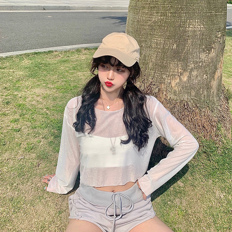 IELGY Áo Thun Tay Dài Dáng Rộng Màu Trơn Trong Suốt Chống Nắng Thời Trang Cho Nữ