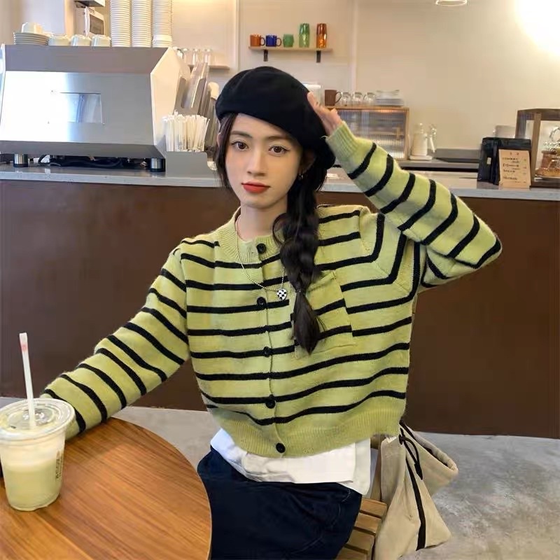 Áo Len Dệt Kim Tay Dài Kẻ Ngang Quảng Châu (hình thật) Áo Khoác Len Cardigan Dệt Kim Dài Tay Ulzzang Style