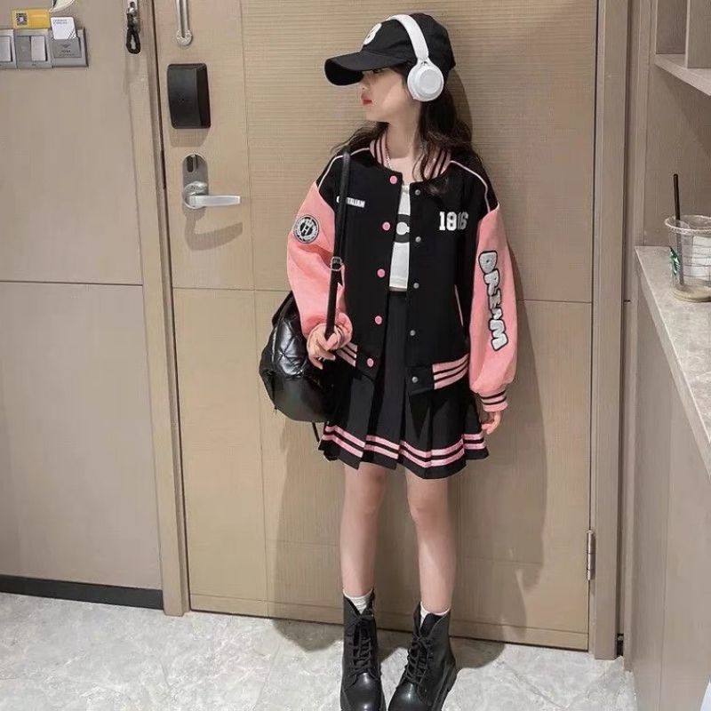 Set bộ bomber bóng chày kết hợp chân váy xếp ly bé gái