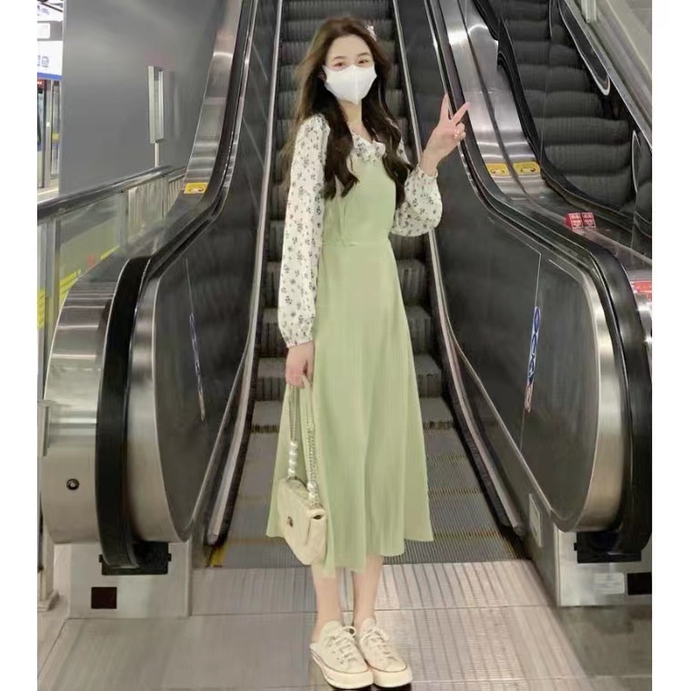 Đầm Dài Giả Hai Mảnh Tay Dài In Họa Tiết Hoa Phong Cách Pháp Thời Trang Mùa Thu 2022