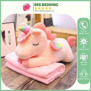 Gối gấu bông ngựa pony một sừng có kèm chăn 2in1 nhiều màu vải nhung co giãn 4 chiều siêu mềm mịn và bông pp an toàn