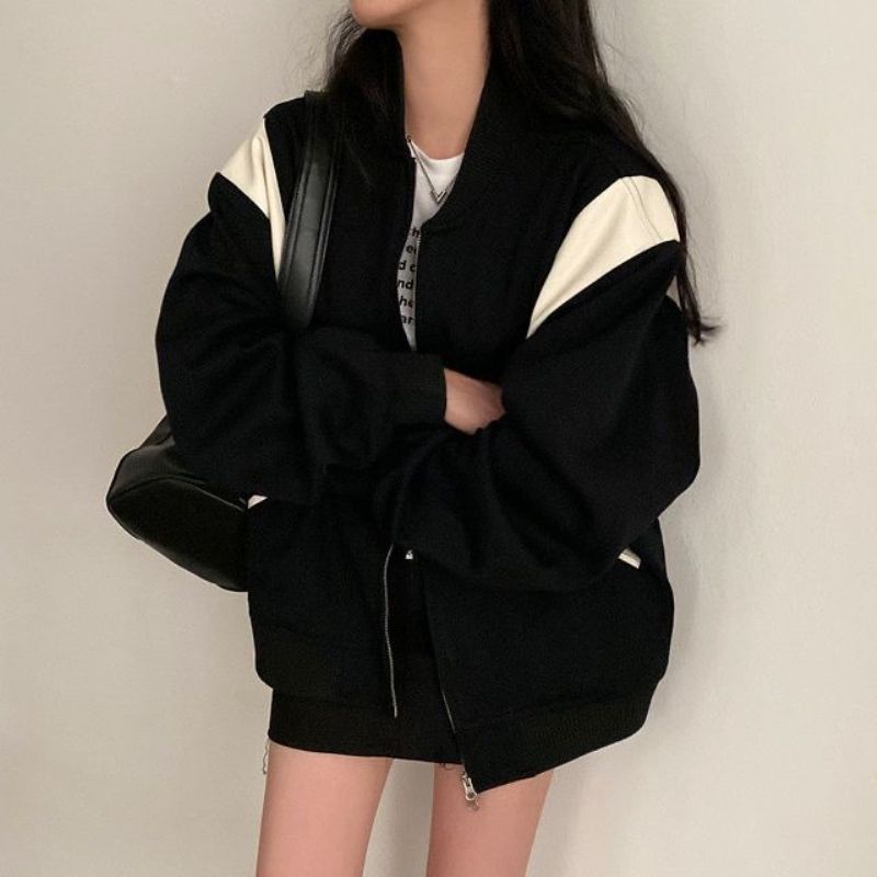 Áo Khoác Bóng Chày Dáng Rộng Phối Khóa Kéo Thời Trang Xuân Thu Cá Tính