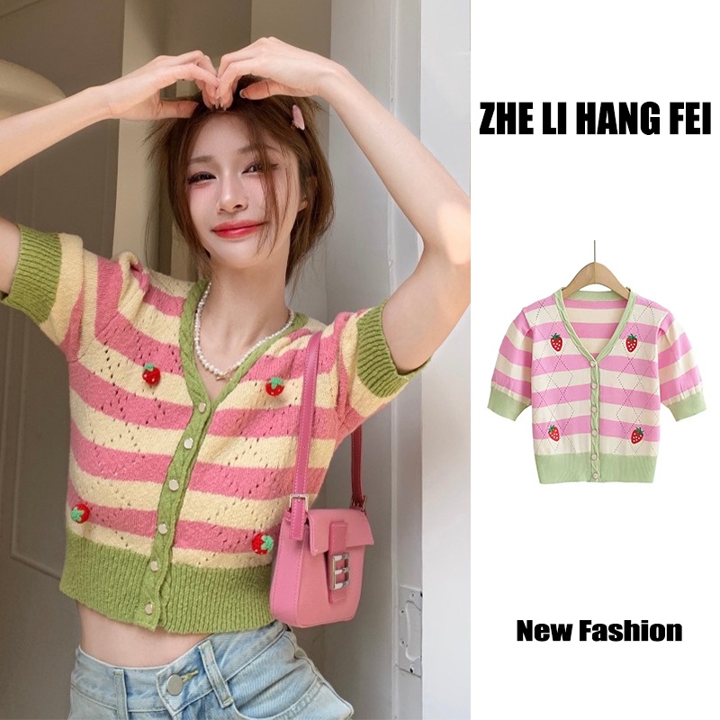 Áo cardigan ZHELIHANGFEI dệt kim tay ngắn kẻ sọc in hình dâu tây dễ thương