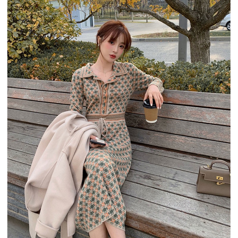 Đầm Sweater Dệt Kim Dài Tay Cao Cấp Phong Cách Thu Đông Kiểu Pháp Mới 2022