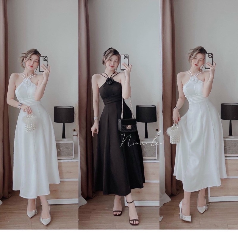 Đầm váy nữ cổ yếm đan dây đính hoa quý phái họa tiết hở lưng quyến dũ, tôn dáng 2 màu dự tiệc, dạo phố VIP18