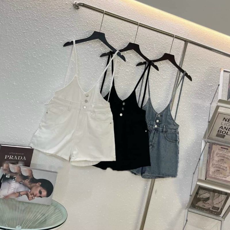 Yếm jean nữ kiểu quần short lưng cao nút gài _Mẫu yếm quần 2 dây chất kaki có túi rộng thời trang hàn dành cho nữ