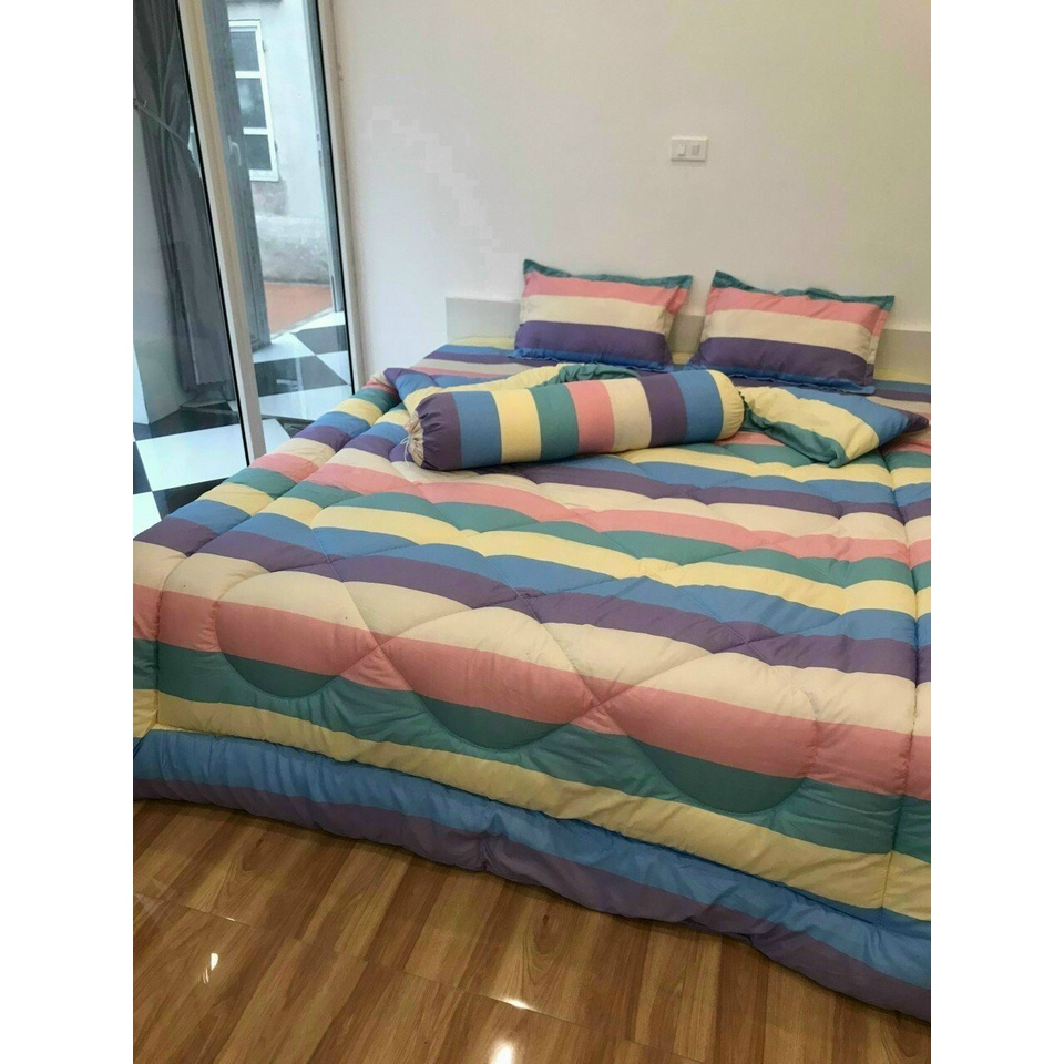 (Freeship + SALE)  Trọn bộ 5 món ga gối chăn mền phao poly cotton mẫu Thổ cẩm trắng có ruột bông dày (nhắn chọn mẫu)