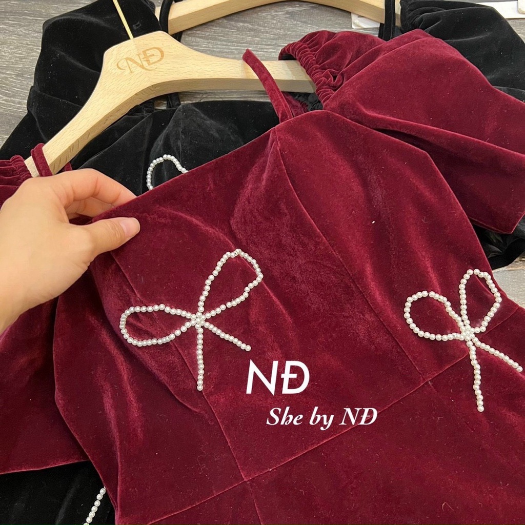 ĐẦM NHUNG TAY PHỒNG ĐÍNH NƠ ĐÁ 2M