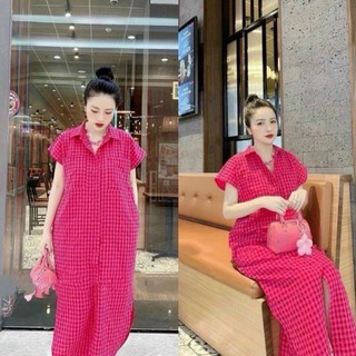 đầm suông dáng rộng, cổ sơ mi, tay ngắn cánh dơi, cài nút trước, vạt bầu, 2 túi trước