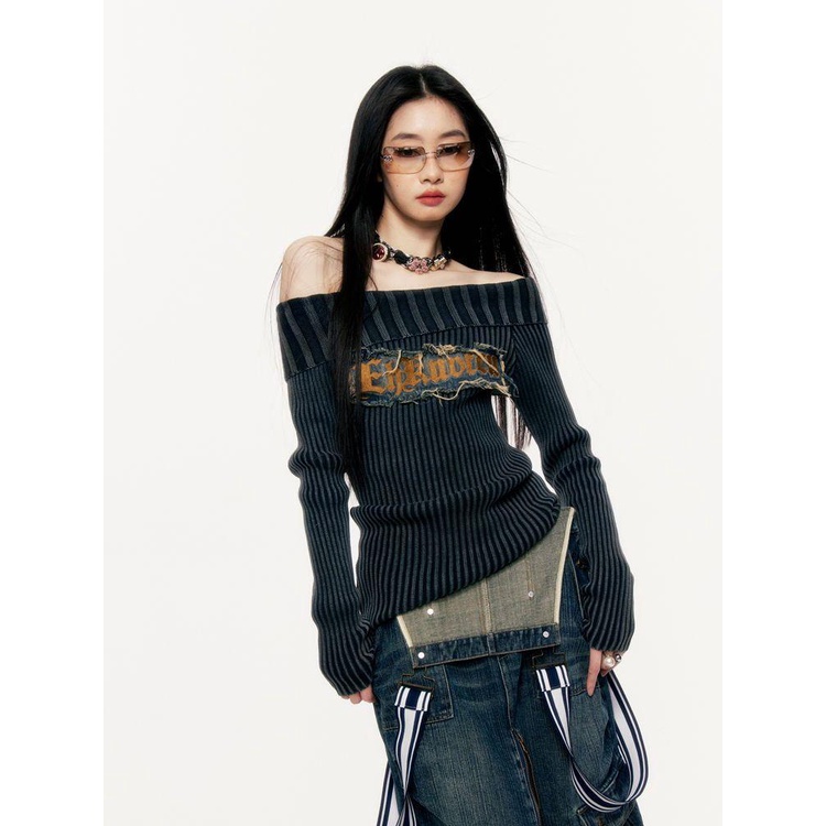 Áo sweater trễ vai form ôm phong cách retro quyến rũ cho nữ