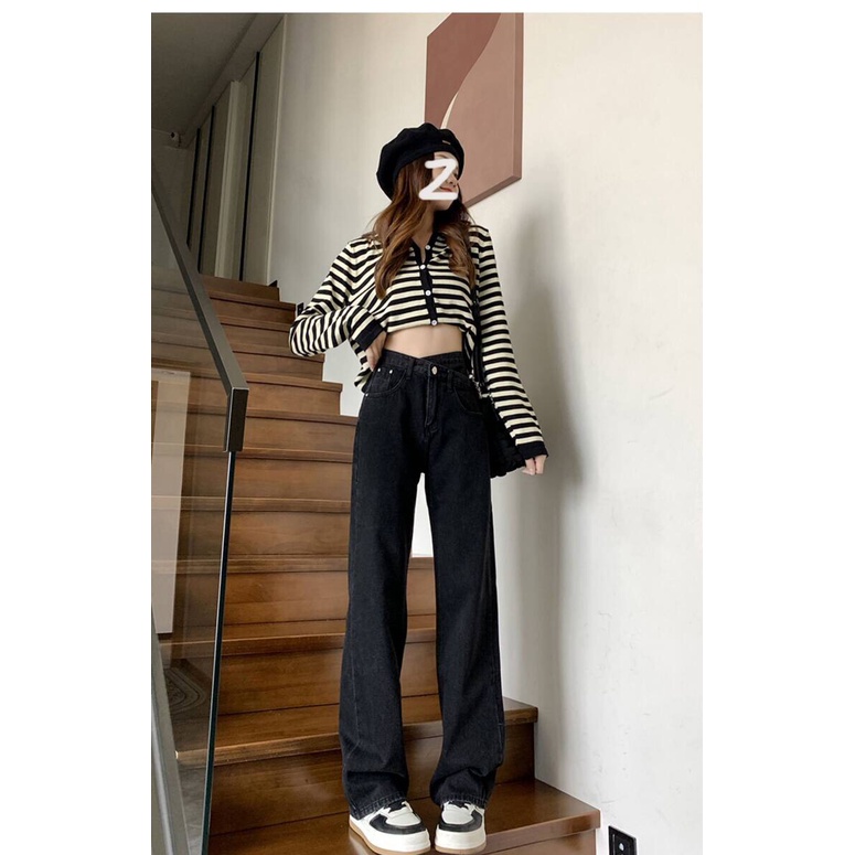 Quần jeans nữ Suông co dãn mạnh, phom ống rộng, màu đen tuyền 4403 4407 MoliJeans