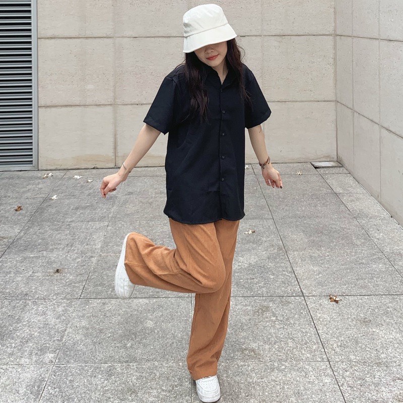 Áo Sơ Mi TRƠN BASIC Tay Lỡ màu TRẮNG/ĐEN  Nam nữ unisex  Áo sơmi Vải COTTON Form Rộng JEJUL