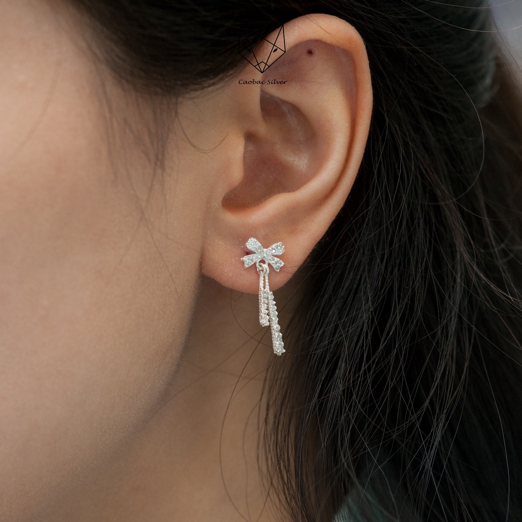 Khuyên Tai Bạc Ta Nữ CaoBac Silver Hình Nơ Sợi Đá Dài Đá Ngắn Đính Đá Lấp Lánh Xinh Xắn, Dễ Thương Món Quà Cho Bạn Nữ