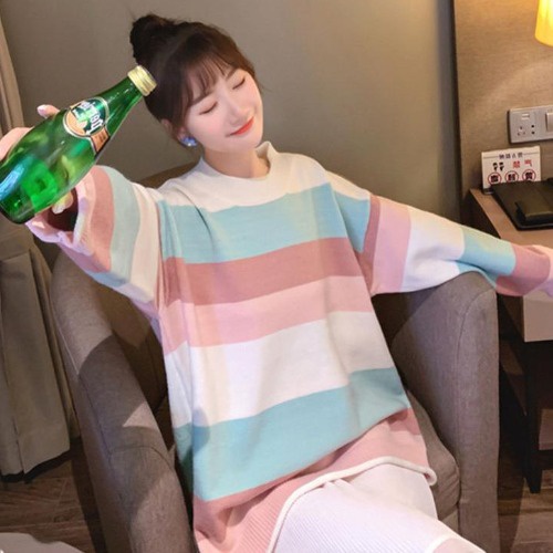 Áo Sweater Dáng Rộng Họa Tiết Kẻ Sọc Màu Cầu Vồng Phong Cách Mới 2020 Dễ Phối Đồ