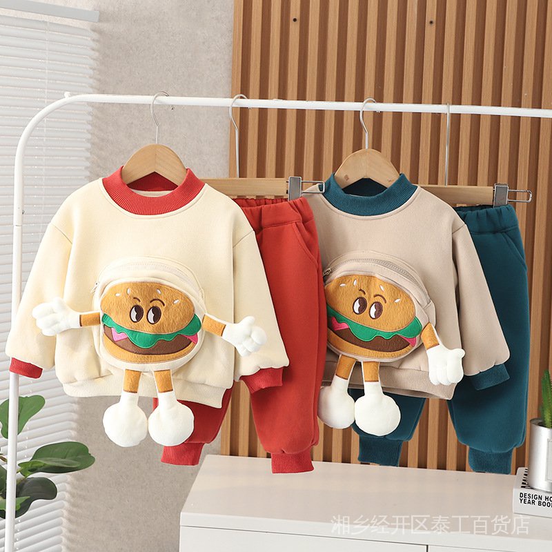 Bộ Đồ Thời Trang Thu Đông 2022 In Họa Tiết Hoạt Hình Lót Lông Cừu Dày Dặn Cho Bé Trai