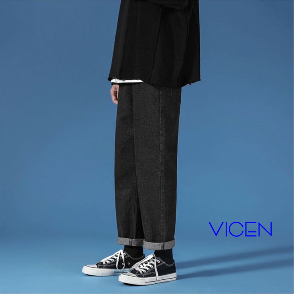 Quần Bò Baggy Nam Phom Xuông Chất Jeans Mềm Ống Rộng Vicenzo Màu Xanh Đen, Quần Bò Nam Ống Rộng Hottrend 2023