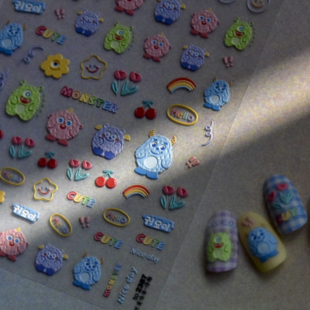 Miếng Dán Trang Trí Móng Tay Hình Quái Vật 5D Dễ Thương to2387