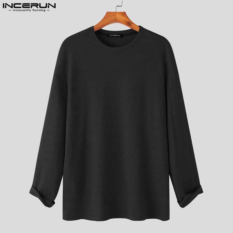 INCERUN Áo Thun Dệt Kim Tay Dài Dáng Rộng Cổ Tròn Họa Tiết Kẻ Sọc Thời Trang Trẻ Trung Cho Nam