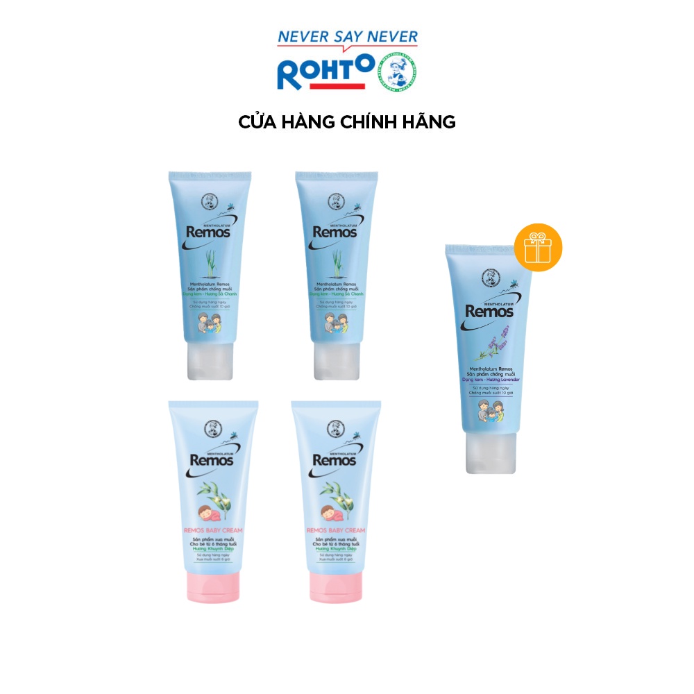 [VB] Bộ 4 sản phẩm Kem chống muỗi Remos: 2 Remos hương Sả chanh 70g + 2 Kem Remos Baby 70g + TẶNG Kem Remos Lavender 70g
