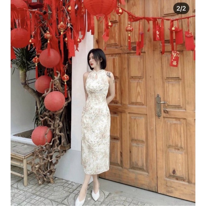Đầm sườn xám ôm body cổ tàu midi hoa kem sát nách xẻ đùi tết xuân cao cấp dạ hội dự tiệc đám cưới đi biển bigsize
