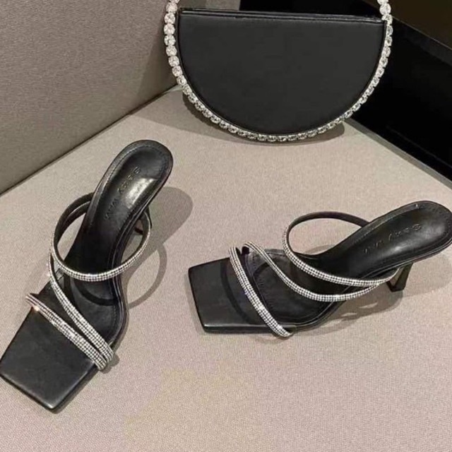 Dép quai ngang đính hạt gót soàn cao 7 phân màu đen, trắng phong cách thời trang sang trọng bigsize - TOMI_SHOES