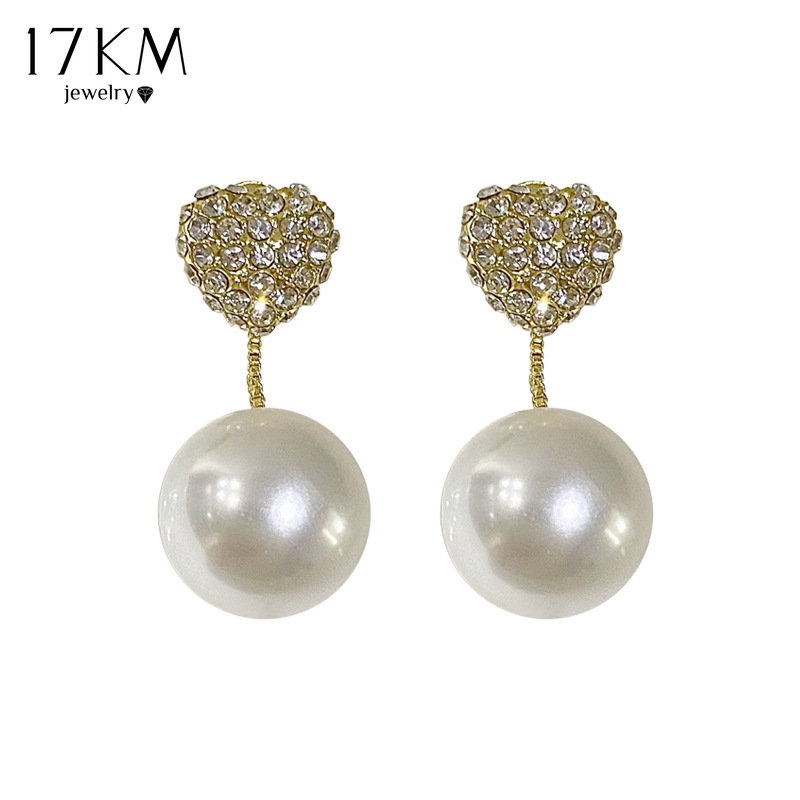 Khuyên tai 17KM mạ vàng kiểu trái tim đính đá pha lê thanh lịch thời trang dành cho nữ