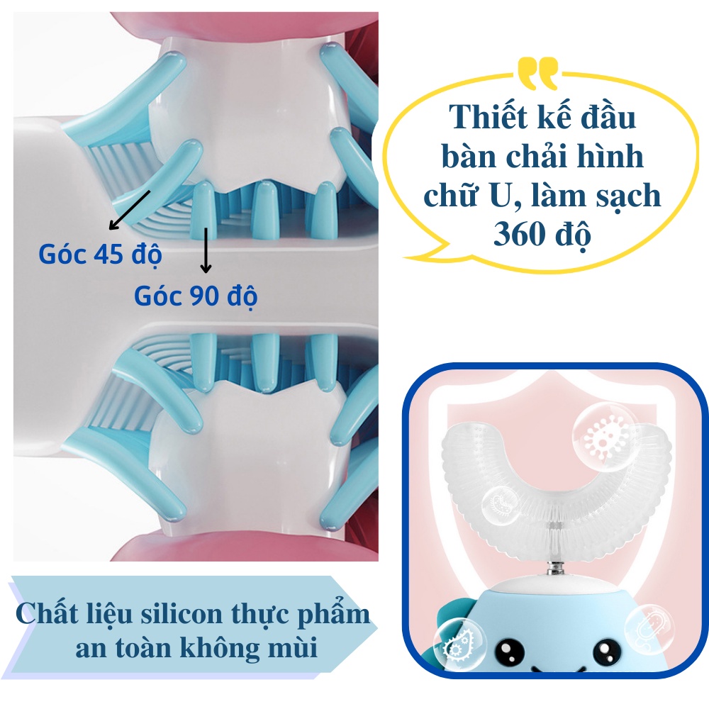 Bàn chải đánh răng điện trẻ em chữ U CTFAST K10 kèm cốc khử trùng UV cao cấp, 6 chế độ đánh răng, làm sạch 360°