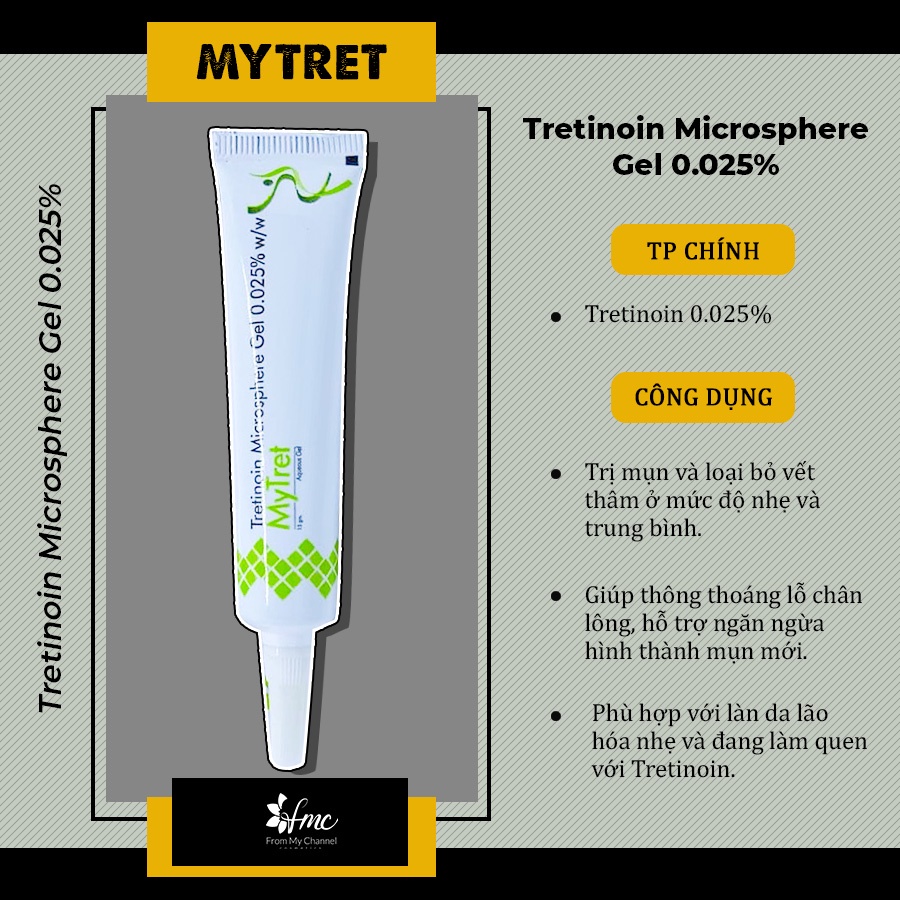 Tretinoin Ấn Độ MyTret  Microsphere Gel Ba nồng độ từ 0,025%, 0,04%, 0,1%