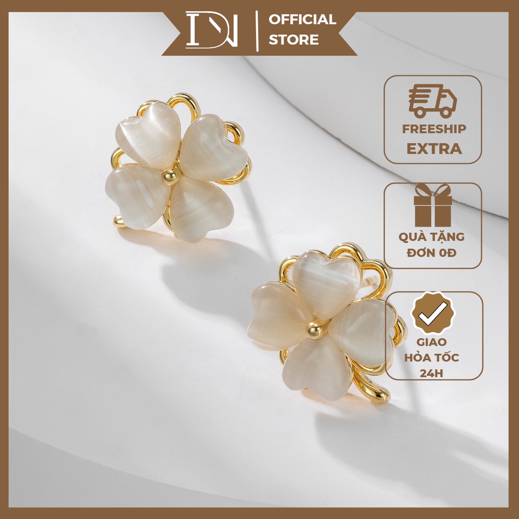 Bộ trang sức KHÔNG GHỈ nữ Din.Jewelry cỏ bốn lá may mắn xoay chuyển được- Khuyên tai bạc Hàn Quốc xinh xắn dành cho nữ
