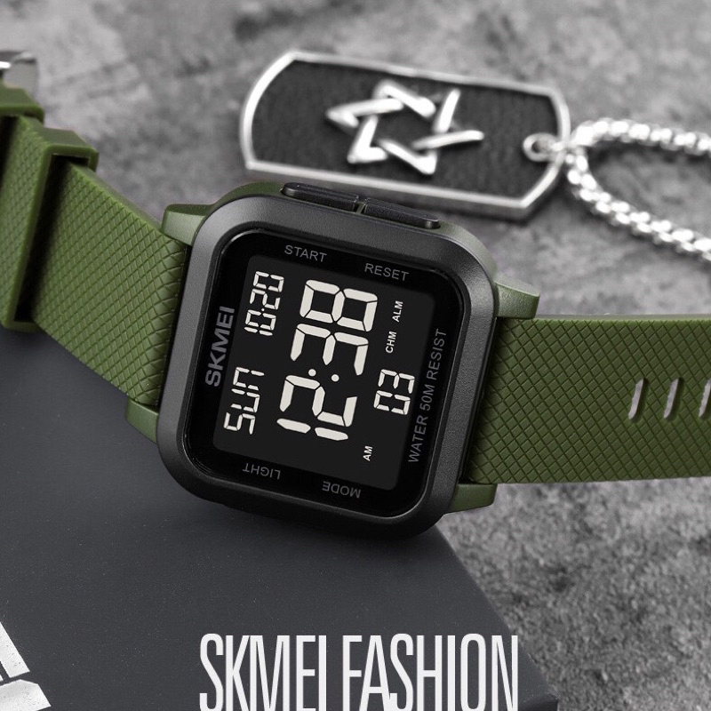 Đông hồ nam điện tử mặt vuông SKMEC chính hãng dây caosu chống nước 3ATM