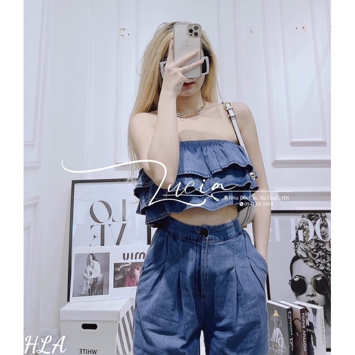 Set áo quây bèo tầng quần jeans suông