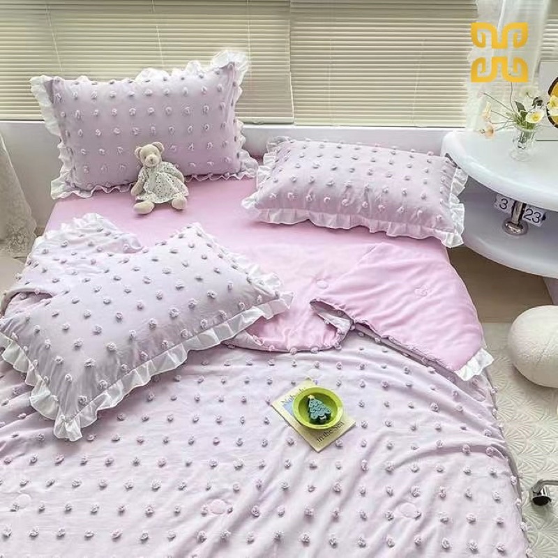 Freeship 🍀 Bộ chăn ga cotton đũi viền bèo đính hoa bi - set chăn chần 4 món - may ga theo yêu cầu - hàng nhập loại 1