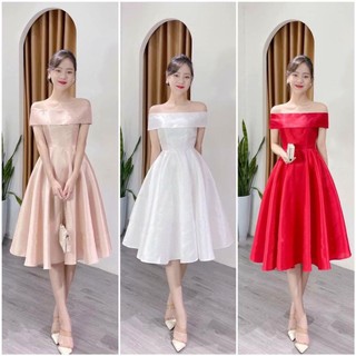 Đầm thiết kế dự tiệc, Đầm trễ vai trơn dáng xòe chất TapTa nhũ cao cấp