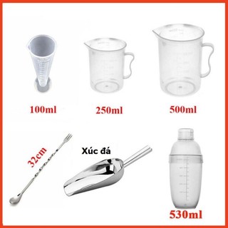 Combo 6 dụng cụ pha chế: 1 ly đong 100ml+ ca 250ml+ ca 500ml+ 1 xúc đá+ thìa bar 32+ shaker 530ml