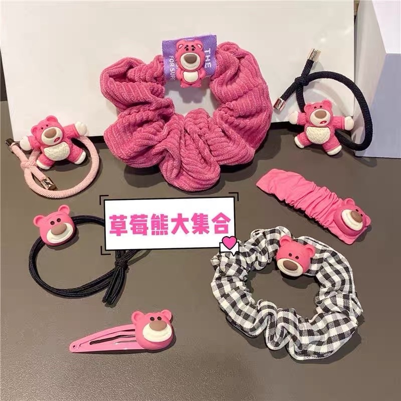 Set 7 Chi Tiết Chun Kẹp Tóc Hoạ Tiết Gấu Dâu Hồng Lotso Siêu Xinh