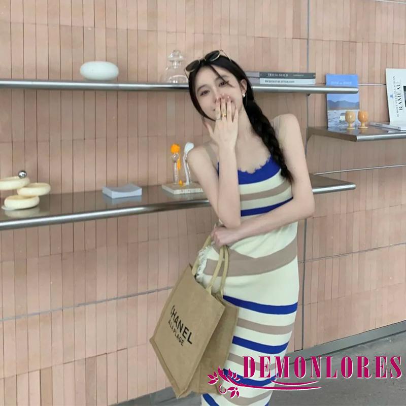 Đầm Dài Dệt Kim Không Tay Họa Tiết Kẻ Sọc Thời Trang Mùa Hè Dành Cho Nữ