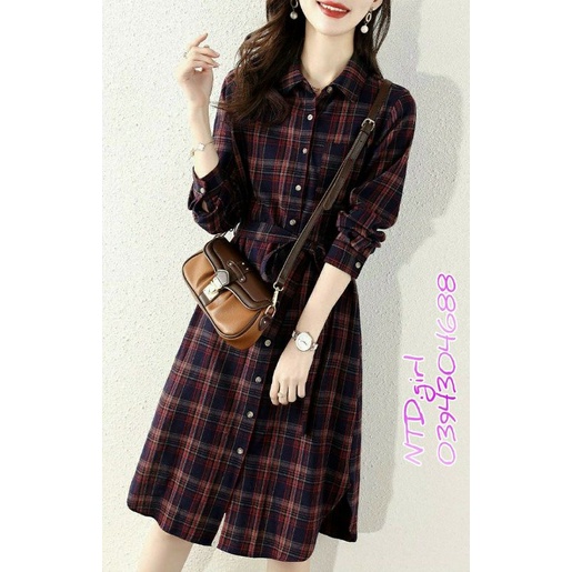 Đầm dáng suông cổ sơ mi kẻ caro tay dài, váy kate bố cài nút dạo phố thanh lịch - DTH