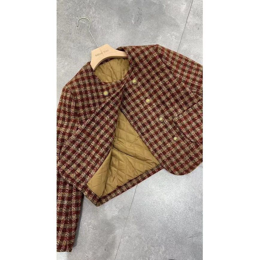 Plus Áo Khoác Cotton Ngắn Kẻ Sọc Caro Tay Dài Cổ Tròn Hai Hàng Nút Cài Thời Trang Thu Đông Hàn Quốc 2022 Cho Bạn Gái