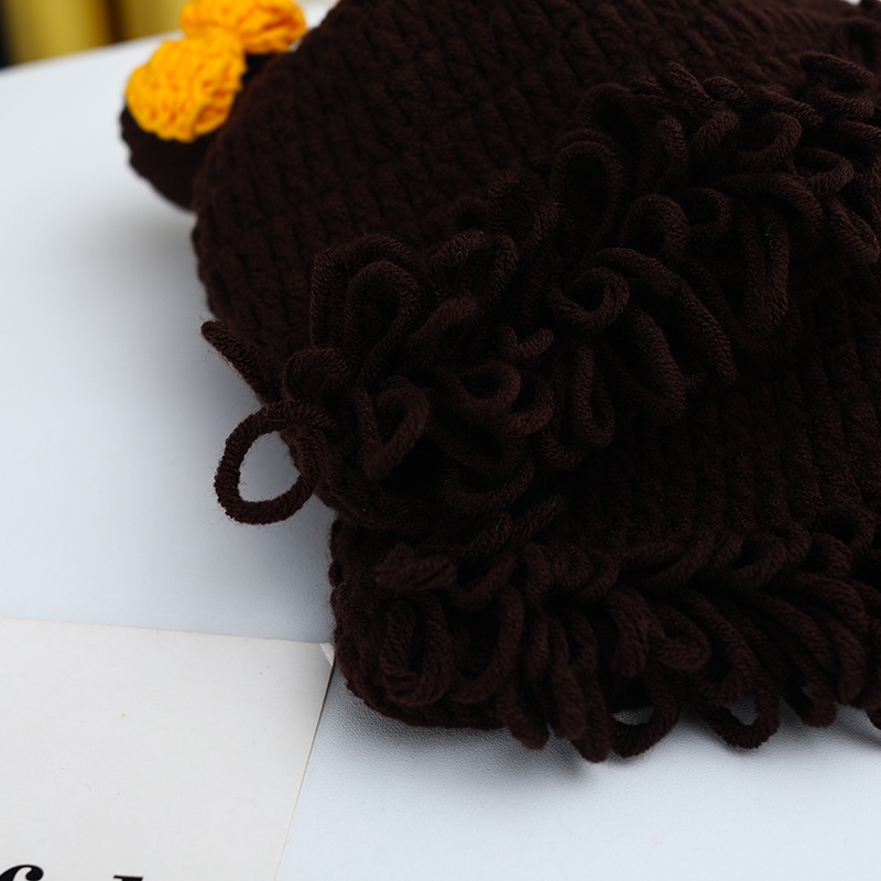 Mũ Len Trùm Đầu Đính Nơ Và Tóc Giả Cho Bé