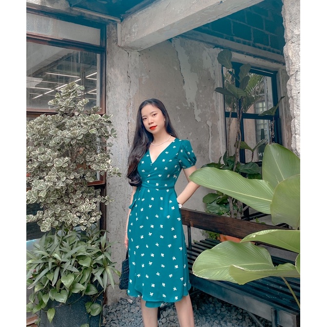 Đầm nữ Ton.Clothing đầm vintage đắp vạt chéo vải mịn mát xanh hoa nhí thiết kế tay ngắn dễ thương xinh xắn DRI012