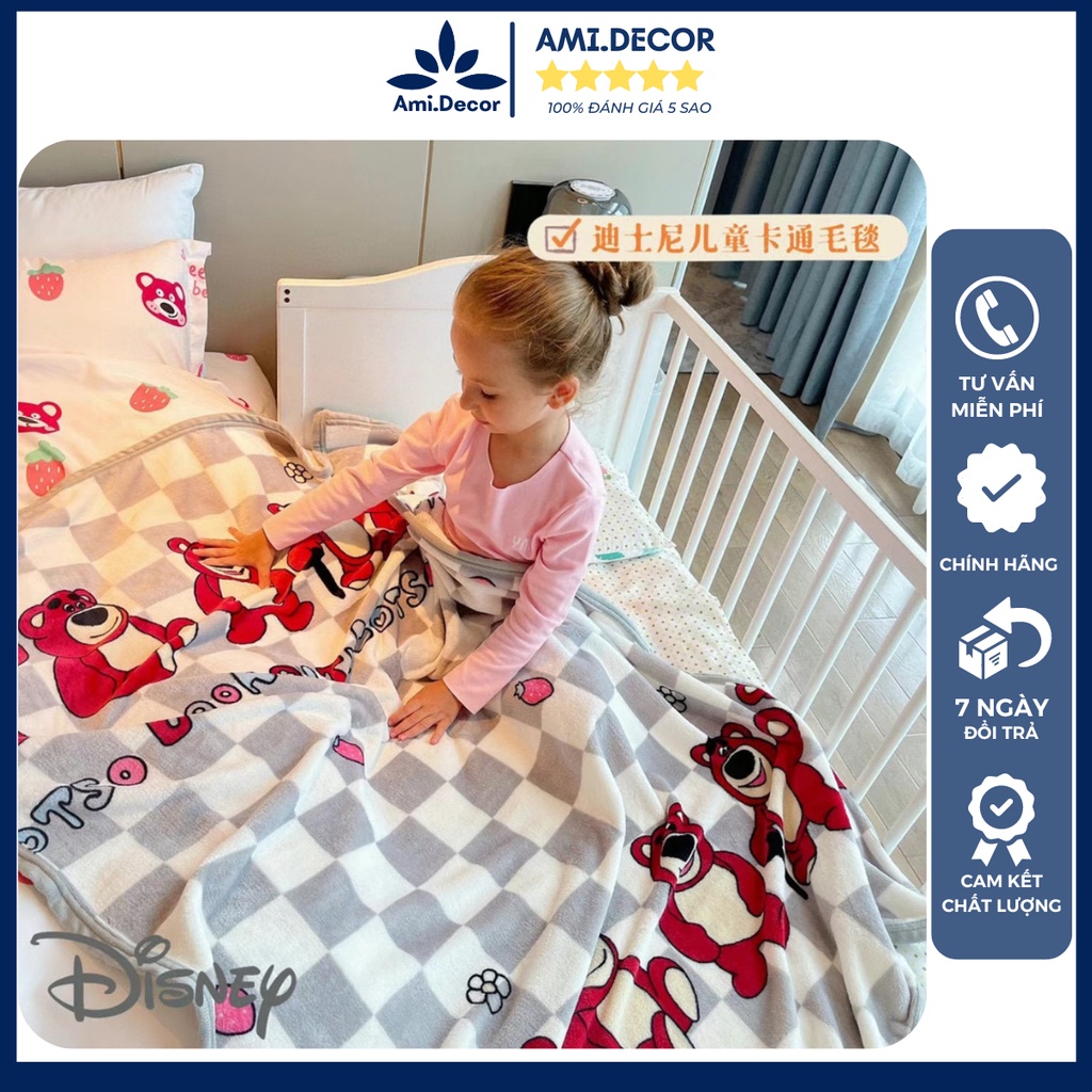 Chăn cho bé DISNEY, chăn tuyết nhung cho bé đi học hình ngộ nghĩnh chất tuyết nhung mềm mịn, an toàn cho bé KT 1mx1m5