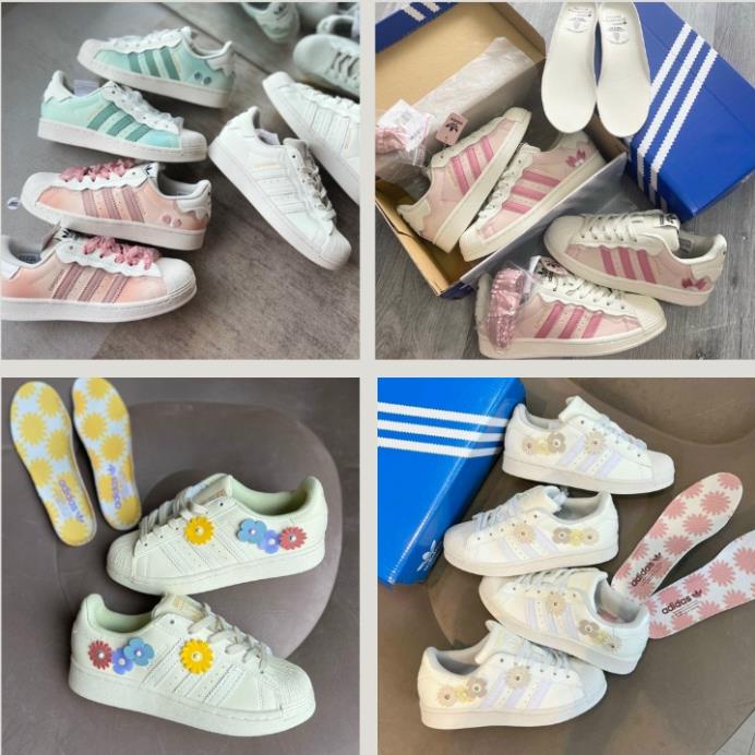 Giày thể thao adidas superstar sò hoa trắng bản mới 2022,Giày adidas nữ sò hồng trắng, xanh lá trắng, Giày adidas supers