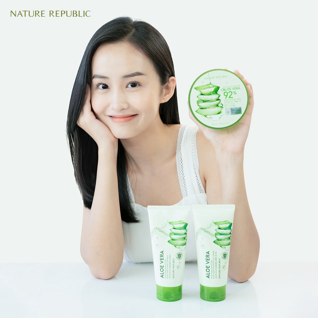 Combo Nature Republic Soothing & Moisture Aloe Vera (kem dưỡng 300ml + tẩy trang 150ml + sữa rửa mặt 150ml)