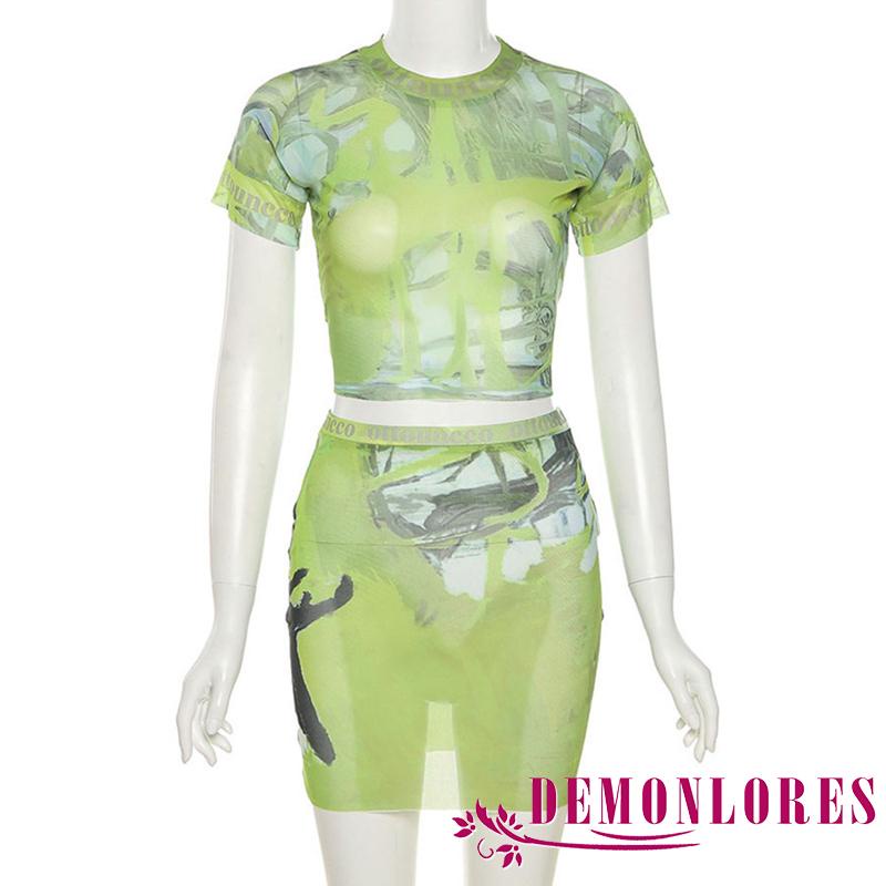 Bộ Áo Croptop Ngắn Tay + Chân Váy Ôm Mini 2 Mảnh In Họa Tiết Graffiti Thời Trang Mùa Hè Cho Nữ