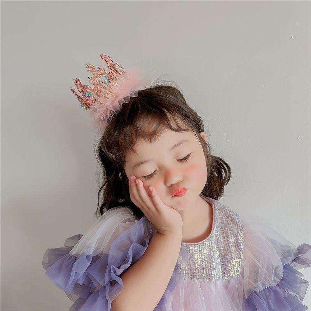 Băng Đô Cài Tóc Hình Vương Miện Chất Liệu Da Phối Lưới Đính Đá Xinh Xắn Cho Bé Gái