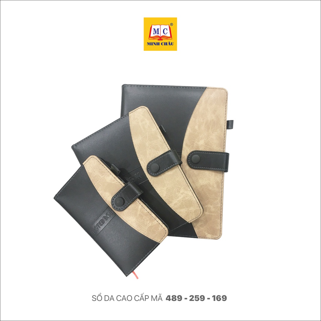 Sổ Minh Châu pha màu đen-vàng gold, có khuy bấm chắc chắn, 200 trang, có 3 kích thước (489-259-169)