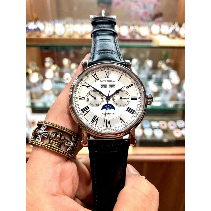 Đồng hồ Nam Patex 6kim cơ automatic có lịch thứ ngày trăng sao dây da vỏ trắng