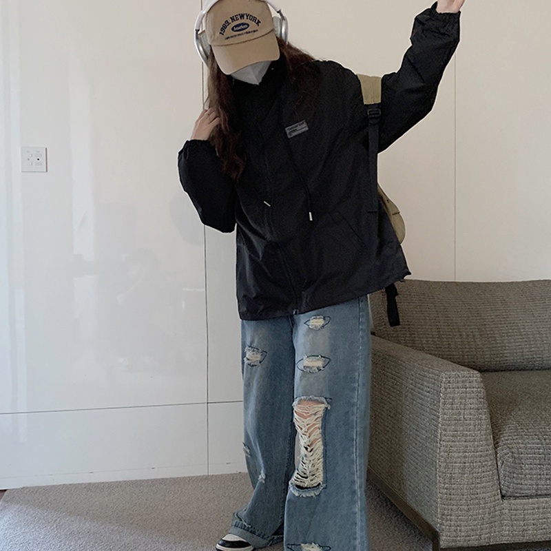 IELGY  Áo Khoác Tay Dài Có Nón Dáng Rộng Màu Sắc Tương Phản Phong Cách Hàn Quốc Cho Nữ