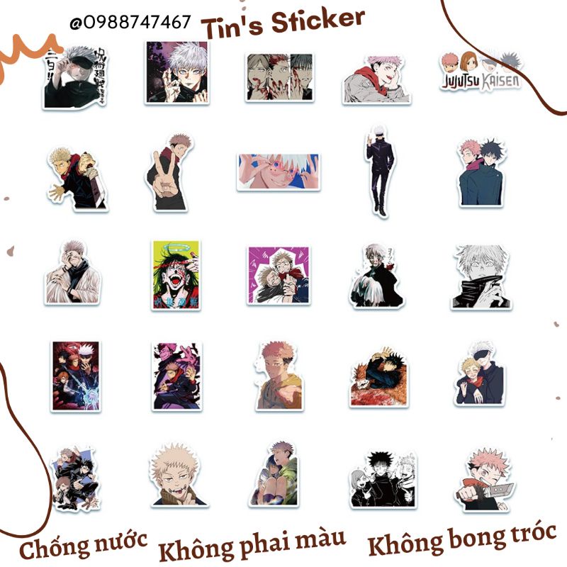 Set combo 50 miếng dán sticker Hoạt hình anime Chú Thuật Hồi Chiến Jujutsu Kaisen chống thấm nước dán nón mũ bảo hiểm